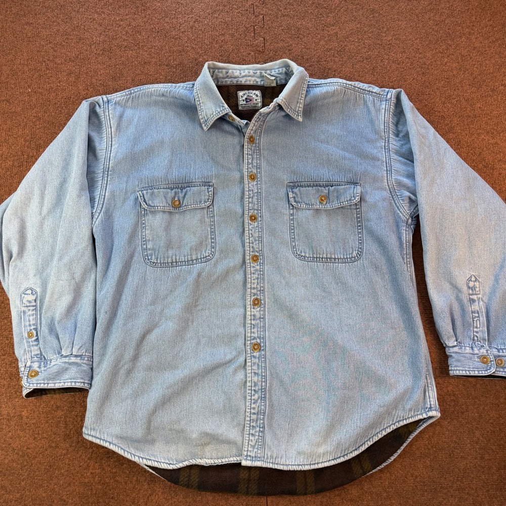 American Blue Mens XL Light Wash Denim Fleece Lined Button Down Shirt Plaid